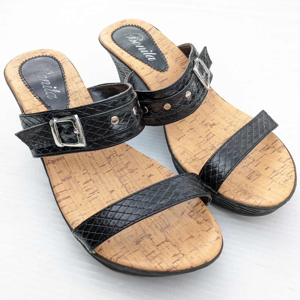 BONITA women's double strap black platform wedge slide Dress sandals Size 9 - Picture 4 of 9